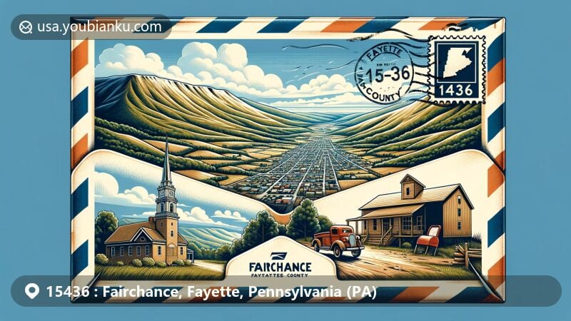 Modern illustration of Fairchance, Pennsylvania, blending postal theme with ZIP code 15436, featuring Appalachian Mountains and vintage air mail envelope, symbolizing town's heritage.