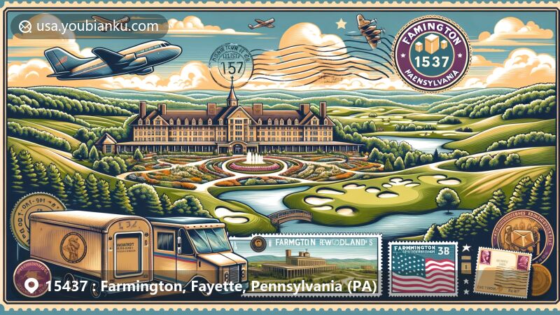 Modern illustration of Farmington, Fayette County, Pennsylvania, highlighting Nemacolin Woodlands Resort with ZIP code 15437, featuring luxurious hotel facade, golf course, and Fort Necessity National Battlefield.