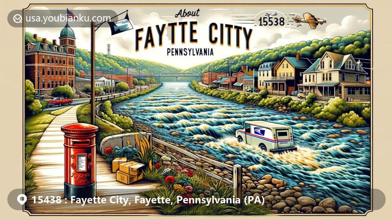 Modern illustration of Fayette City, Fayette County, Pennsylvania, featuring Monongahela River, antique mailbox, classic postal truck, and town's landscape, highlighting ZIP code 15438 and postal service fusion.