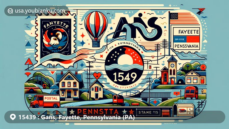 Modern illustration of Gans, Fayette County, Pennsylvania, depicting postal theme with ZIP code 15439, featuring PA flag, Fayette County map, and iconic American mailbox.