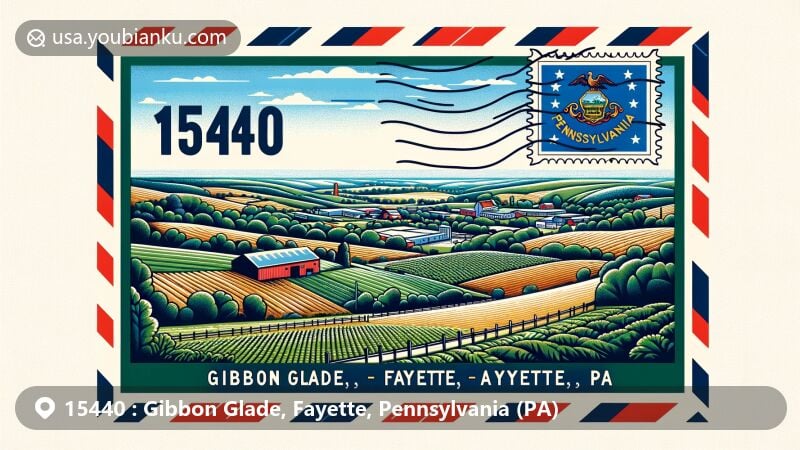 Modern illustration of Gibbon Glade, Fayette County, Pennsylvania, showcasing rural landscape with Pennsylvania state flag, featuring '15440' ZIP code and 'Gibbon Glade, Fayette, PA' on an airmail envelope.