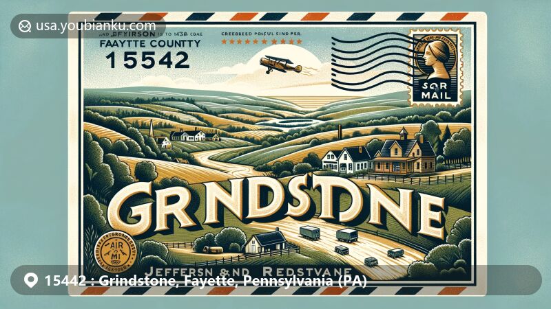 Modern illustration of Grindstone, Fayette County, Pennsylvania, showcasing rural charm and natural landscapes, with postal theme featuring ZIP code 15442 and vintage air mail design.