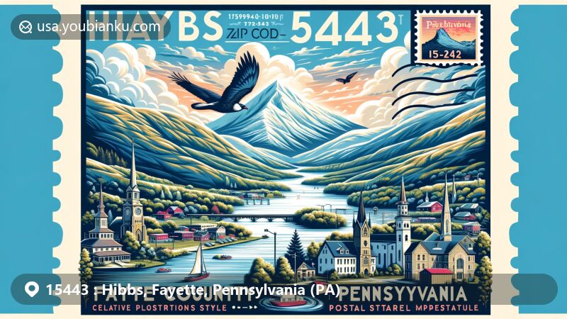 Modern illustration of Hibbs, Fayette County, Pennsylvania, featuring natural landscapes like mountains and lakes, intertwined with historical and cultural landmarks, reflecting the state's rich history and postal heritage.