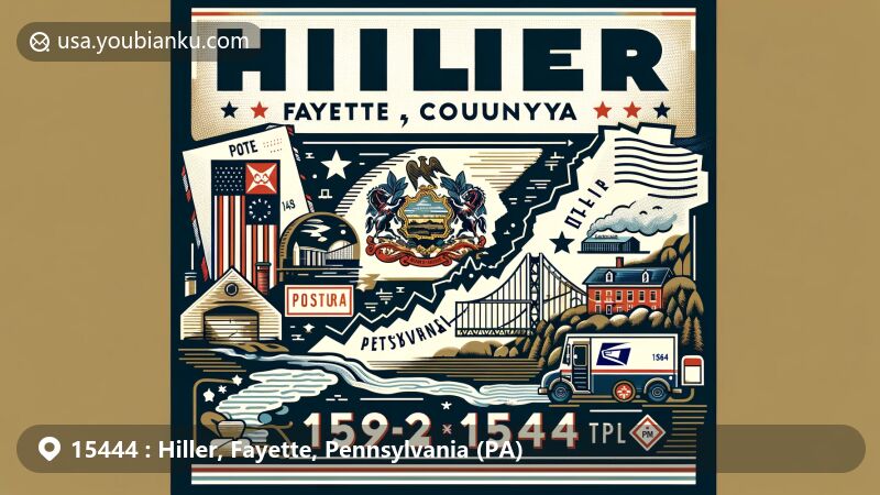 Modern illustration of Hiller area, Fayette County, Pennsylvania, featuring postal theme with ZIP code 15444, showcasing Monongahela River and Dunlap Creek, integrated with Pennsylvania state symbols.