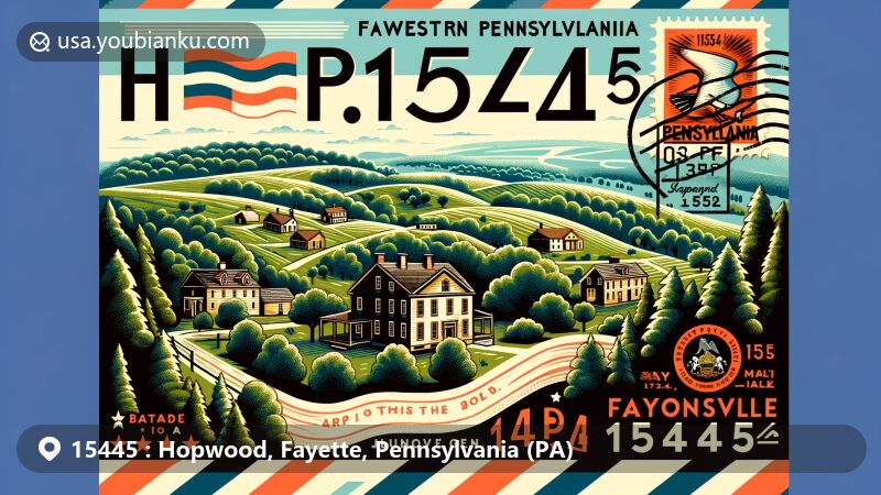 Vivid illustration of Hopwood, Fayette County, Pennsylvania, featuring ZIP code 15445, with a blend of natural beauty, historical significance, and postal heritage, capturing the essence of outdoor activities and early-American architecture.