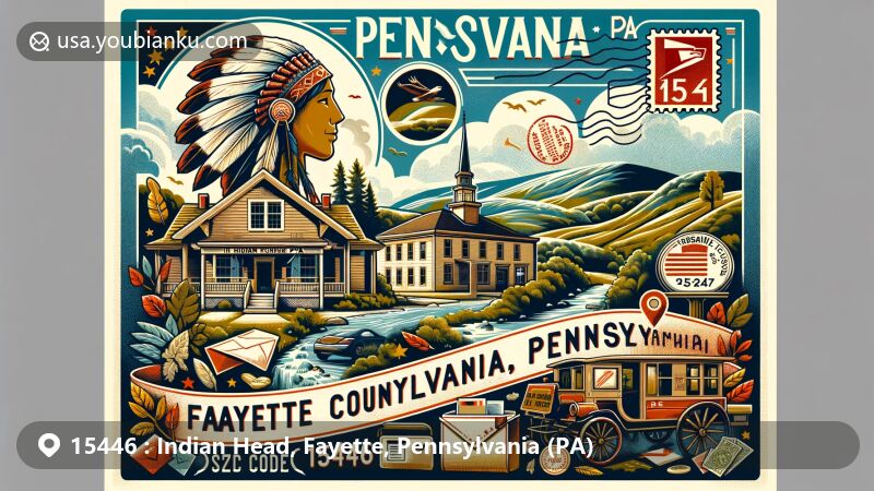 Modern illustration of Indian Head, Fayette County, Pennsylvania, featuring natural beauty and postal theme with vintage Indian Head Post Office, mail carrier's bag, letters, postal stamp with ZIP code 15446, and Pennsylvania state flag.