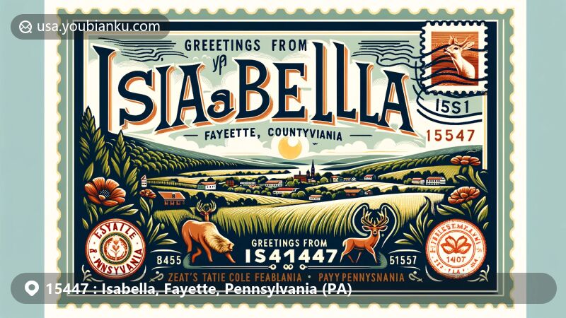 Vintage-style illustration of Isabella, Fayette, Pennsylvania, zipcode 15447, showcasing rural beauty and local flora, featuring stylized postmark, Pennsylvania state symbols, and 'Greetings from Isabella, PA 15447'.