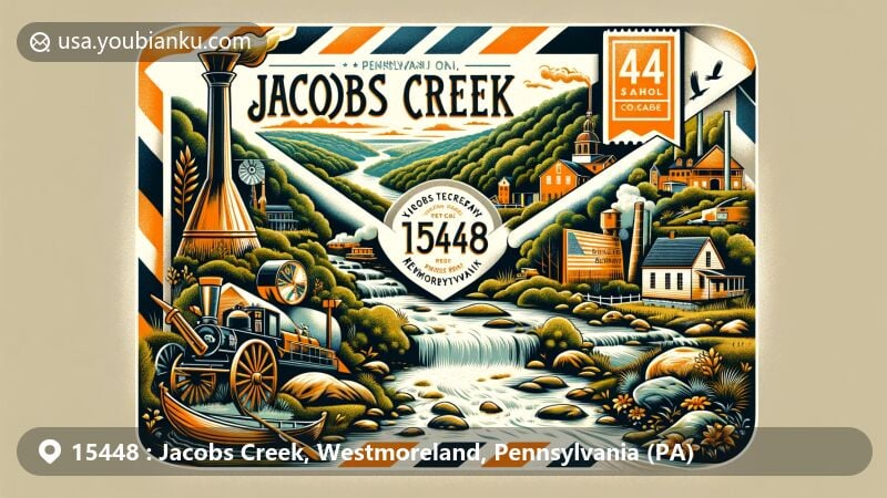 Modern illustration of Jacobs Creek, Westmoreland County, Pennsylvania, featuring air mail envelope with ZIP code 15448, showcasing Youghiogheny River, verdant Pennsylvania landscape, iron furnace, and references to rye whiskey trade pre-Prohibition.