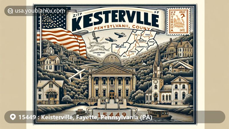Modern illustration of Keisterville, Fayette County, Pennsylvania, featuring creative postal theme with Pennsylvania state flag, highlighting Brownsville Northside Historic District, Carnegie Free Library, and Philip G. Cochran Memorial United Methodist Church, along with Youghiogheny River and Ohiopyle State Park.