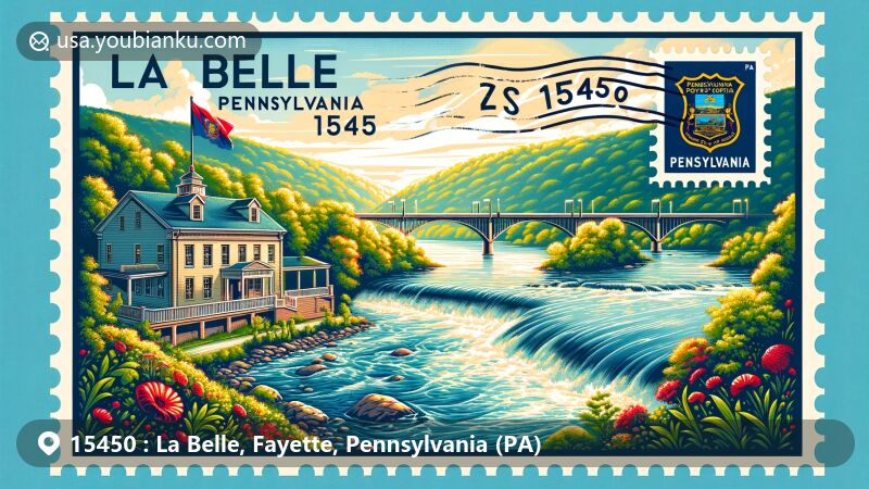 Modern illustration of La Belle, Fayette County, Pennsylvania, depicting Monongahela River's tranquil nature, featuring Pennsylvania state flag, La Belle Post Office, and local flora or fauna elements, in a creative postcard style with postal theme.
