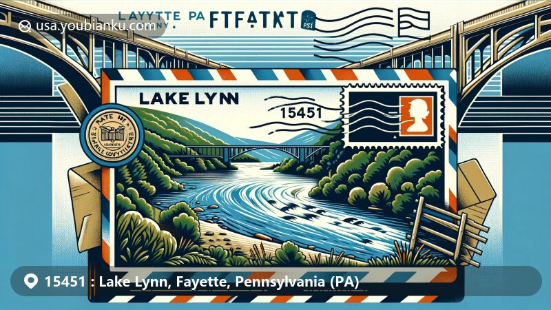 Modern illustration of Lake Lynn, Fayette County, Pennsylvania, capturing the beauty of Cheat River and lush greenery, with a postal theme showcasing ZIP code 15451 and airmail motifs.
