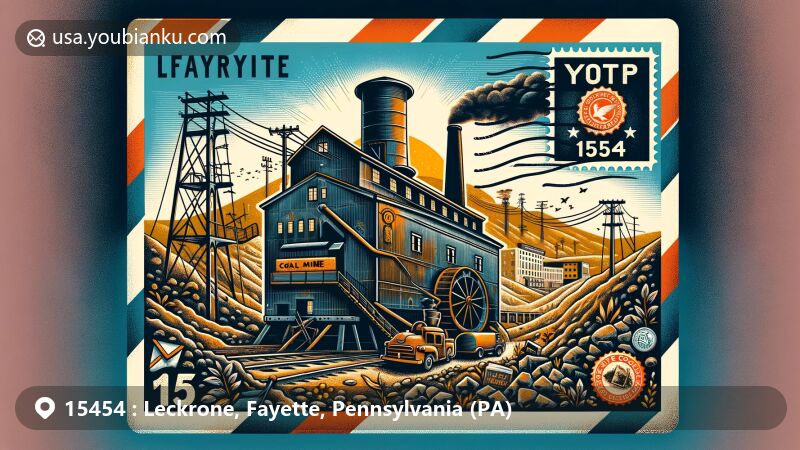 Modern illustration of Leckrone, Pennsylvania, blending coal mining history with postal theme, featuring vintage airmail envelope and ZIP Code 15454, showcasing industrial elements and Fayette County connection.