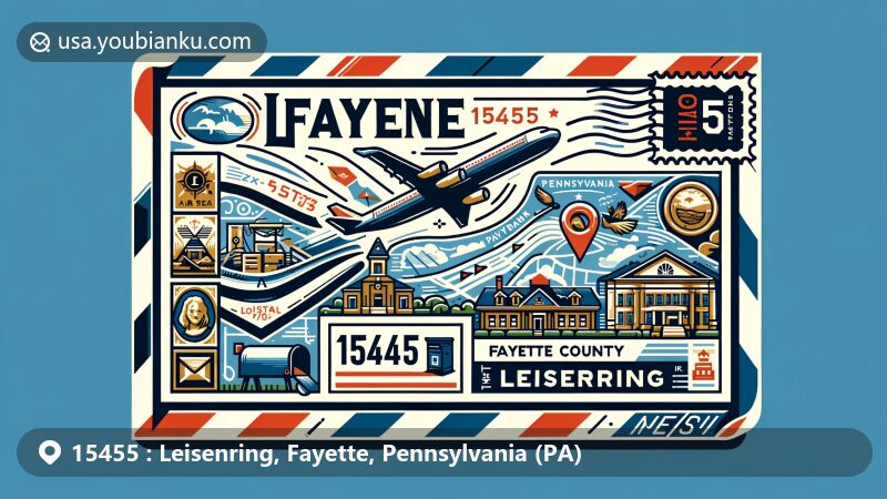 Modern illustration of Leisenring, Fayette County, Pennsylvania, emulating an airmail envelope theme with ZIP code 15455, showcasing local landmarks and cultural symbols.