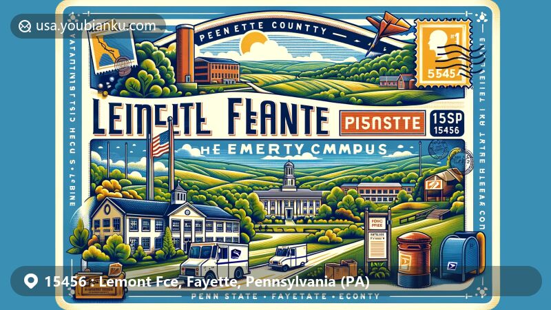 Modern illustration of Lemont Furnace, Fayette County, Pennsylvania, with postal theme and ZIP code 15456, featuring Penn State Fayette, The Eberly Campus and scenic beauty of the region.