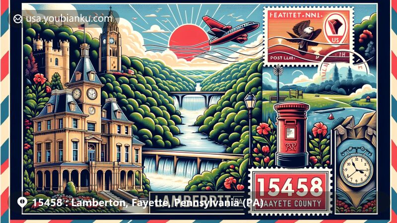 Modern illustration showcasing Lamberton, Fayette County, Pennsylvania, with Ohiopyle State Park, Nemacolin Castle, Jumonville Cross, Robinson Falls, and postal elements like vintage air mail envelope and red postbox, reflecting rich history and natural beauty.