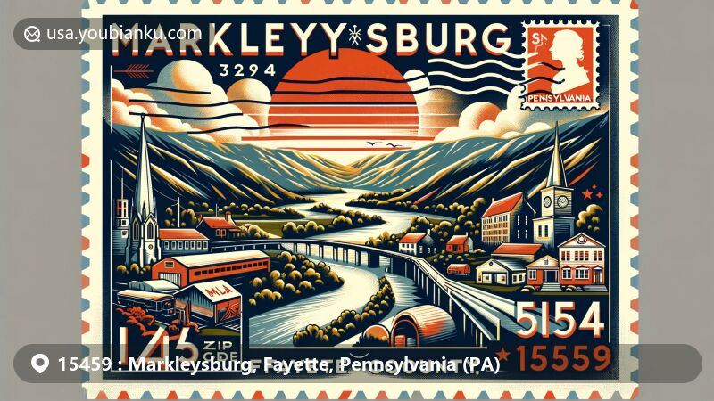 Modern illustration of Markleysburg, Fayette County, PA, blending regional charm with postal elements, featuring Pennsylvania mountains and community vibe, including state flag, county outline, and local landmarks.