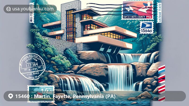 Modern illustration of Martin, Fayette County, Pennsylvania, featuring Fallingwater and Fort Necessity National Battlefield, postal elements like airmail envelope and stamps, with ZIP code 15460, showcasing natural beauty, architectural marvel, and historical significance.