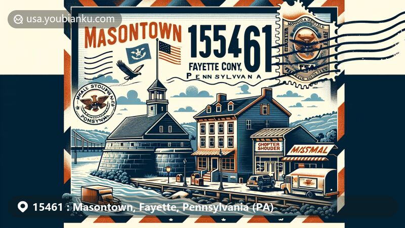 Modern illustration of Masontown, Fayette County, Pennsylvania, featuring Monongahela River and historical elements like Fort Mason blockhouse, combined with modern structures such as shopping center and grocery store.
