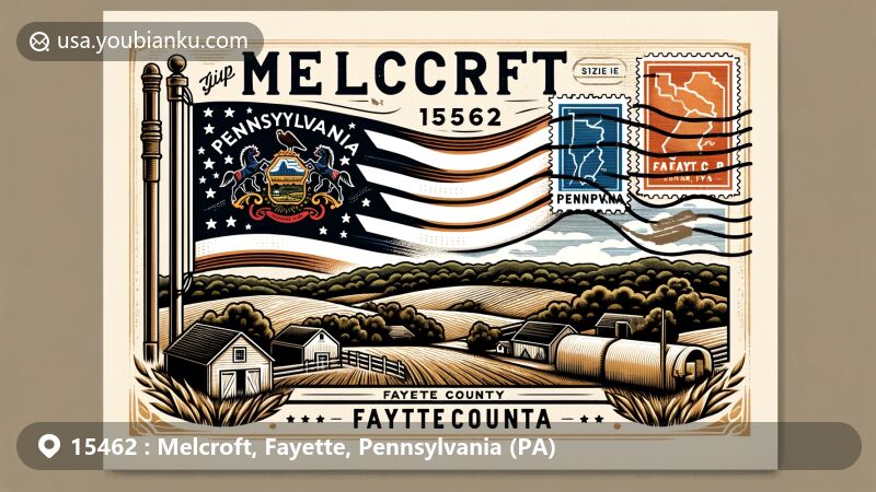Modern illustration of Melcroft, Fayette County, Pennsylvania, showcasing postal theme with ZIP code 15462, featuring state symbols like the Pennsylvania flag, vintage postcard elements, and rural landscape.