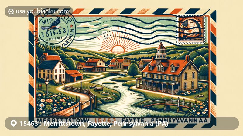 Modern illustration of Merrittstown, Fayette County, Pennsylvania, capturing rustic charm and historical landmarks like Abel Colley Tavern, reflecting rich history along the National Road era, featuring natural beauty and historical significance of the area.