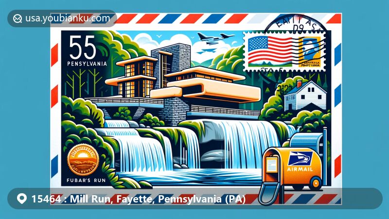 Modern illustration of Fallingwater and Bear Run Nature Reserve in Mill Run, Pennsylvania, featuring state flag imagery and postal elements with ZIP code 15464, including stamps, postmark, mailbox, and mail truck.