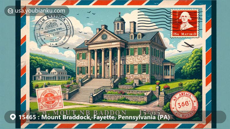 Modern illustration of the Isaac Meason House in Mount Braddock, Pennsylvania, featuring a postal theme with air mail elements, postage stamps, and a postmark with ZIP code 15465.