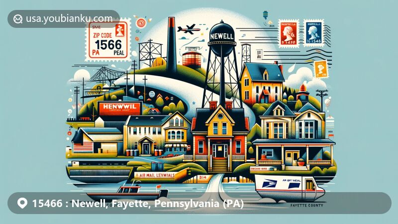 Modern illustration of Newell, PA, Fayette County, Pennsylvania, blending Monongahela River, historic homes, water tower, and Henwil Chemicals factory in a postal theme with air mail envelope, stamps, and postal mark.