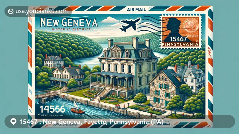 Modern illustration of the New Geneva Historic District in Pennsylvania, showcasing Federal and Queen Anne architectural elements within a creatively designed air mail envelope, featuring the Wilson House and Monongahela River.