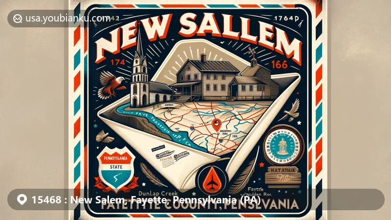 Modern illustration of New Salem, Fayette County, Pennsylvania, featuring vintage air mail envelope showcasing local culture and geography, including Dunlap Creek and Pennsylvania Route 166, with stylized map pinpointing location.