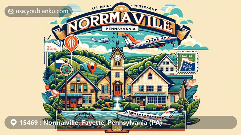 Modern illustration of Normalville, Fayette County, Pennsylvania, showcasing postal theme with ZIP code 15469, featuring lush greenery, rolling hills, and small-town charm, integrating air mail elements and Pennsylvania state symbols.