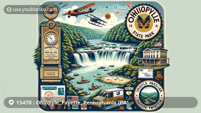 Modern illustration of Ohiopyle State Park, Pennsylvania, merging natural beauty with postal theme featuring Ohiopyle Falls, Youghiogheny River Gorge, and lush forest, in a vintage postcard setting with postal symbols and '15470 Ohiopyle, Fayette, PA' postmark.