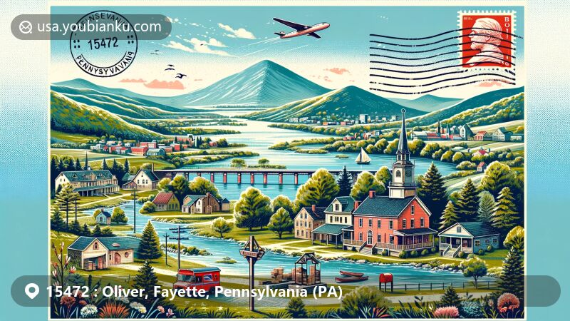 Modern illustration of Oliver, Fayette County, Pennsylvania, highlighting postal theme with ZIP code 15472, featuring American postal symbols like stamps, postmark, and mail van.