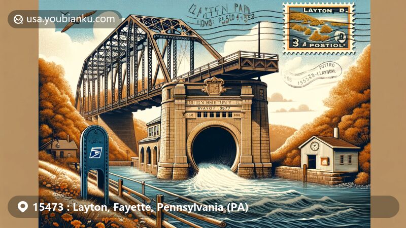 Vintage illustration of Layton, PA area, featuring historical Layton Bridge and Tunnel with postal theme including ZIP code 15473, old-fashioned mailbox, and Youghiogheny River scenery.