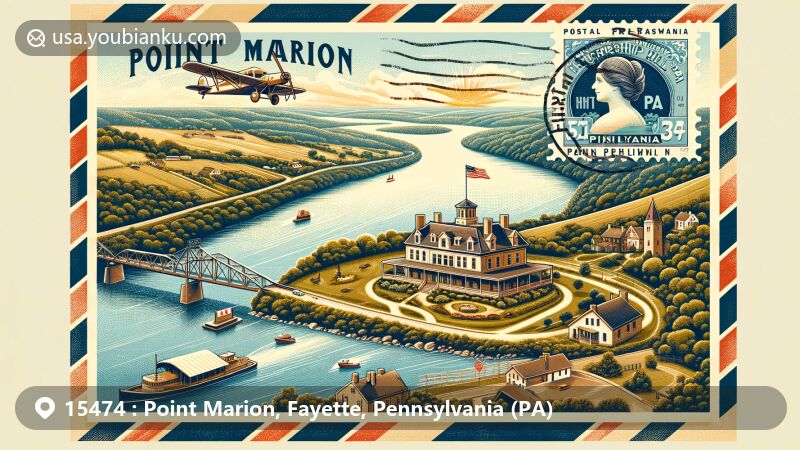 Modern illustration of Point Marion, Pennsylvania, highlighting Friendship Hill National Historic Site and the scenic confluence of Cheat River and Monongahela River, designed as a vintage air mail envelope with a stamp of Friendship Hill mansion and postal markings.