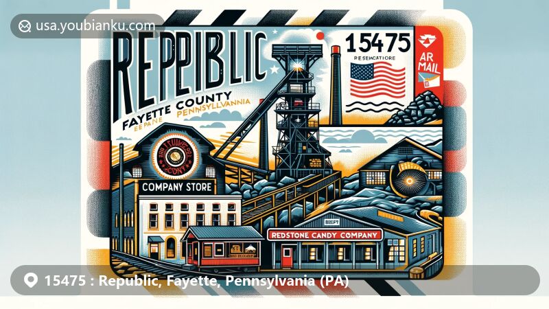 Modern illustration of Republic, Fayette County, Pennsylvania, featuring postal theme with ZIP code 15475, highlighting coal mining heritage including coke oven ruins and Redstone Candy Company, integrated within vibrant colors and Pennsylvania state flag.