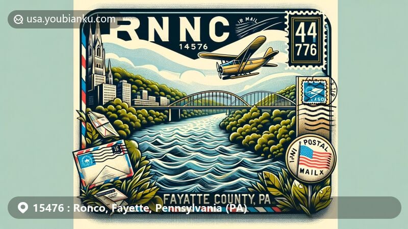 Modern illustration of Ronco, Fayette County, Pennsylvania, featuring vintage air mail envelope with ZIP code 15476, highlighting Monongahela River and green landscape, including Pennsylvania state flag stamp.