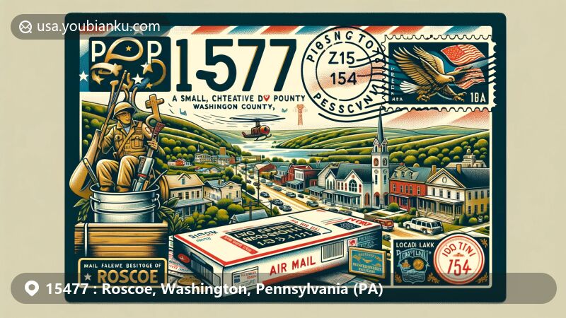 Modern illustration of Roscoe, Washington County, Pennsylvania, highlighting Legion Memorial Park, Pennsylvania state flag, and ZIP code 15477 on an air mail envelope, featuring state flower and 'Roscoe, PA' postal mark.