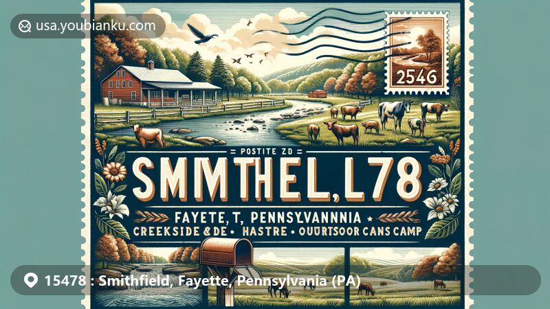 Modern illustration of Smithfield, Fayette County, Pennsylvania, depicting picturesque countryside with farm animals grazing peacefully, surrounded by forest area and a clear creek symbolizing Creekside Haven, a local outdoor camping site. The artwork integrates vintage postcard layout, a stamp with ZIP code 15478, and a classic mailbox, incorporating postal theme and local flora/fauna to enhance rural ambiance.