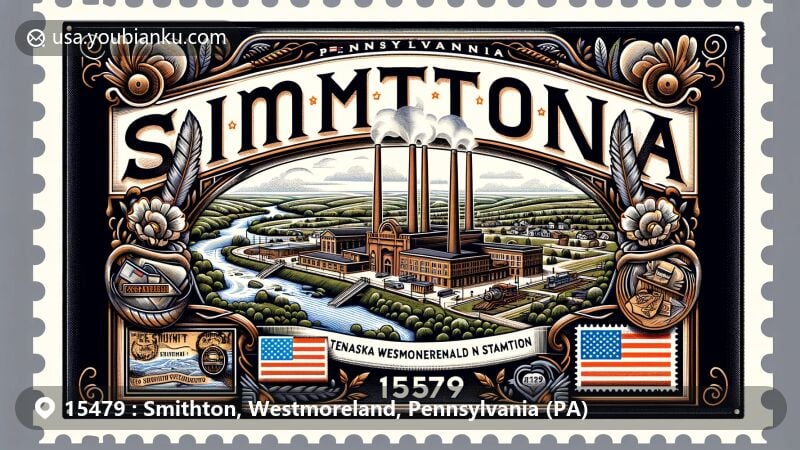 Modern illustration of Smithton, Westmoreland County, Pennsylvania, showcasing postal theme with ZIP code 15479, featuring map, Tenaska Westmoreland Generating Station, Pennsylvania state flag, and community elements.