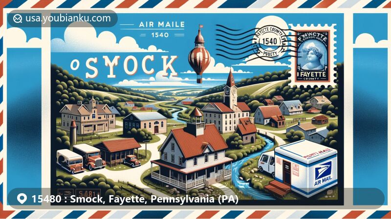 Modern illustration of Smock, Fayette County, Pennsylvania, showcasing historical society landmark in air mail envelope with postal elements like PA state flag stamp and ZIP code 15480.