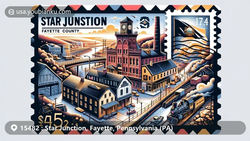 Modern illustration of Star Junction, Fayette County, Pennsylvania, depicting coal mining heritage with airmail envelope, showcasing iconic building or mine scene, featuring ZIP code 15482 and postmark.