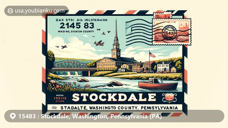 Modern illustration of Stockdale, Washington County, Pennsylvania, showcasing rural charm with Monongahela River and vintage postal theme, including ZIP code 15483 and Pennsylvania state flag.