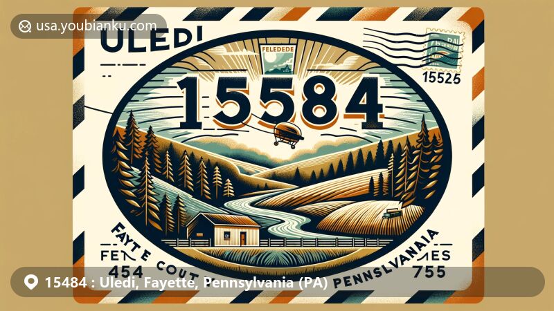 Modern illustration of Uledi, Fayette County, Pennsylvania, featuring rural charm with rolling hills and dense forests, integrated into airmail envelope and stamp design.