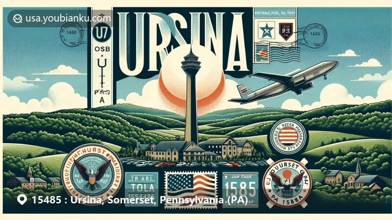 Modern illustration of Ursina, Somerset County, Pennsylvania, featuring Mount Davis observation tower and Flight 93 National Memorial, with scenic backdrop of rolling hills and lush greenery, incorporating vintage postcard and air mail envelope motif.