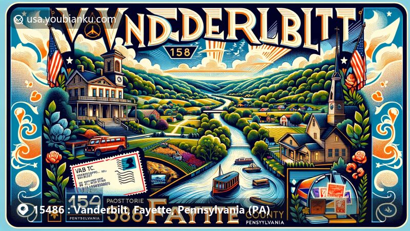 Modern illustration of Vanderbilt, Fayette County, Pennsylvania, highlighting postal theme with ZIP code 15486, featuring lush landscapes and historical significance, incorporating state symbols and postal heritage elements.