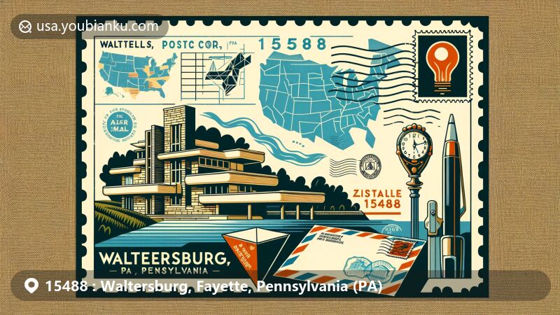 Modern illustration of Waltersburg, Fayette County, Pennsylvania, showcasing Fallingwater house, vintage postal elements, and Pennsylvania state flag, for ZIP code 15488.