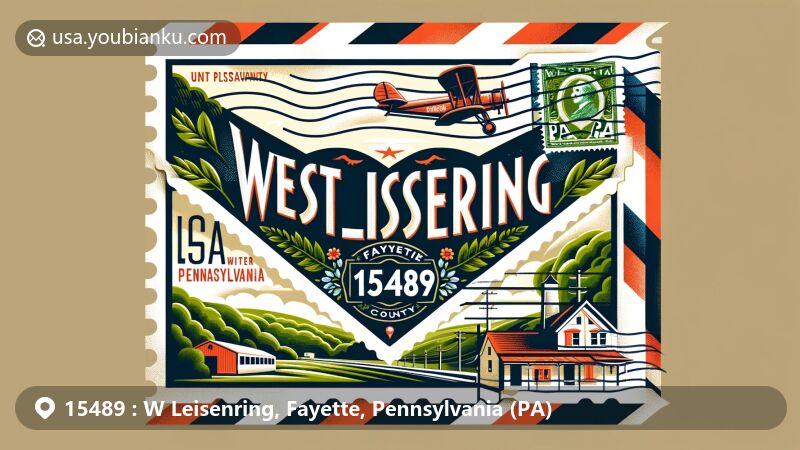 Modern illustration of West Leisenring, Fayette County, Pennsylvania, featuring postal theme with ZIP code 15489, showcasing lush landscapes and historical charm of the unincorporated community.