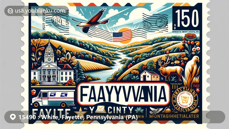 Modern illustration of ZIP code 15490, White, Fayette County, Pennsylvania, featuring scenic landscapes and iconic state symbols within a postal theme.