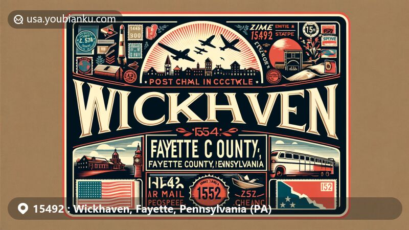 Modern illustration of Wickhaven, Fayette County, Pennsylvania, featuring postal theme with ZIP code 15492, showcasing vintage-style postcard or air mail envelope adorned with stamps and postmark.