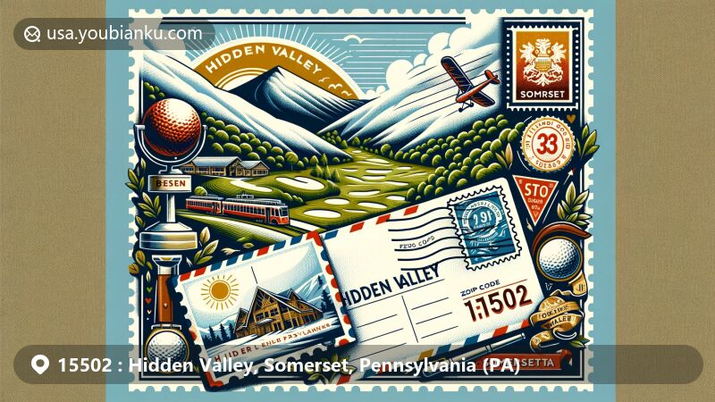 Modern illustration of Hidden Valley area in Somerset, Pennsylvania, featuring ZIP code 15502, highlighting Hidden Valley ski resort with 31 slopes/trails, showcasing Laurel Highlands' natural beauty and elevation, blending vintage postal elements and golf club motif.